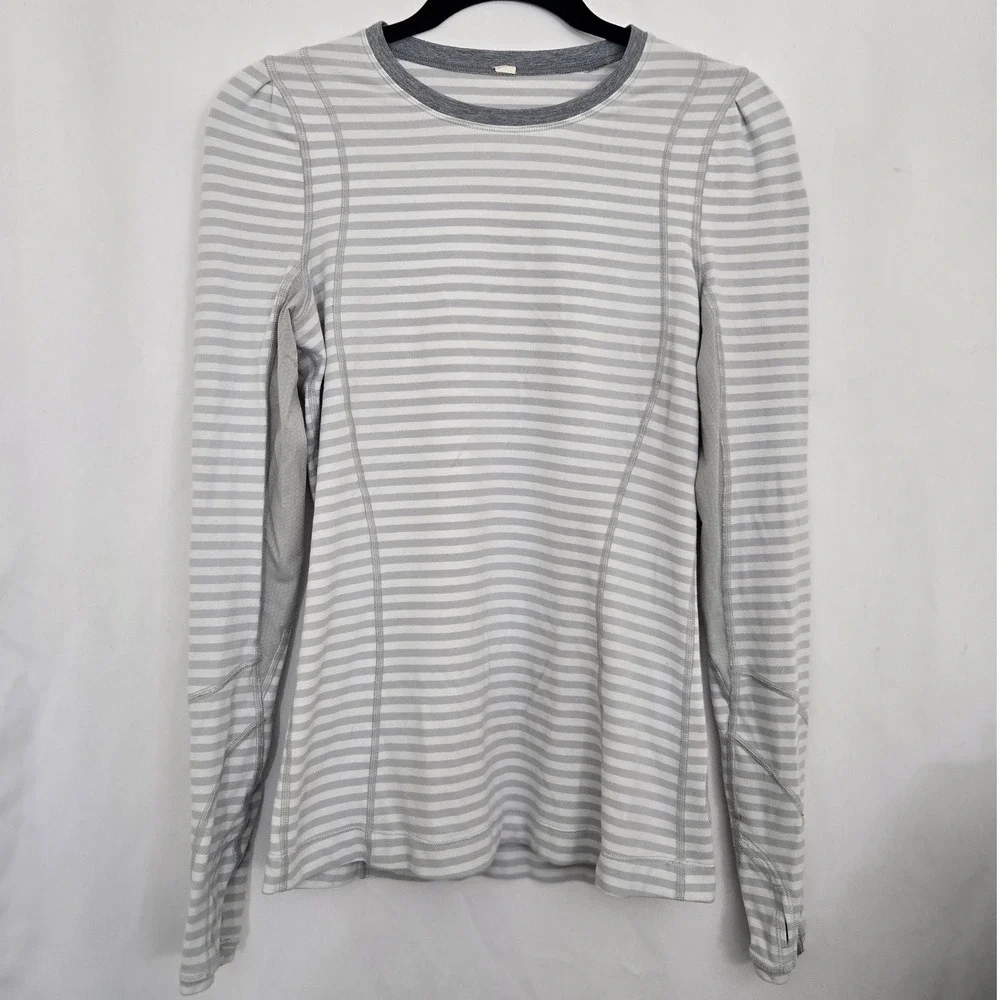 Lululemon Womens 6 Long‎ Sleeve Running Top Gray Stripe Thumbholes Tech Athletic